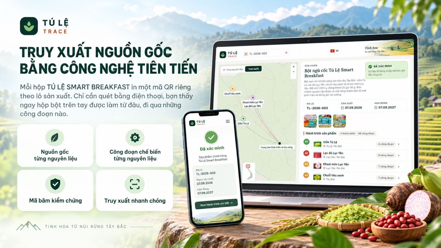 Giới thiệu hệ thống truy xuất nguồn gốc Tú Lệ Trace. Mỗi hộp Tú Lệ Smart Breakfast in một mã QR riêng theo lô sản xuất. Chỉ cần quét bằng điện thoại, bạn thấy ngay hộp bột trên tay được làm từ đâu, đi qua những công đoạn nào. Bốn năng lực: nguồn gốc từng nguyên liệu, công đoạn chế biến từng nguyên liệu, mã băm kiểm chứng, truy xuất nhanh chóng. Ảnh minh hoạ màn hình máy tính và điện thoại hiển thị bản đồ vùng nguyên liệu và hành trình sản phẩm.