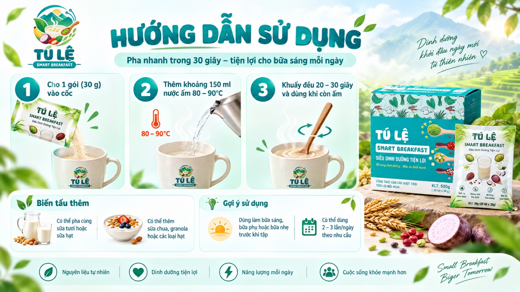 Hướng dẫn sử dụng ba bước: bước một cho một gói 30g vào cốc, bước hai thêm khoảng 150ml nước ấm 80 đến 90 độ C, bước ba khuấy đều 20 đến 30 giây và dùng khi còn ấm. Có thể pha cùng sữa tươi hoặc sữa hạt, thêm sữa chua, granola hoặc các loại hạt. Dùng làm bữa sáng, bữa phụ hoặc bữa nhẹ trước khi tập, 2 đến 3 lần mỗi ngày theo nhu cầu.