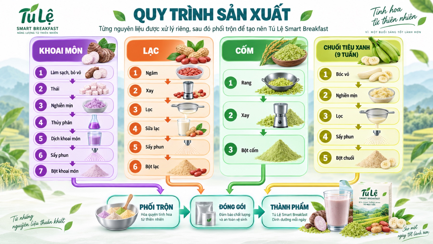 Sơ đồ quy trình sản xuất Tú Lệ Smart Breakfast. Bốn nhánh nguyên liệu chạy song song. Khoai môn qua bảy bước: làm sạch bỏ vỏ, thái, nghiền mịn, thủy phân, dịch khoai môn, sấy phun, bột khoai môn. Lạc qua sáu bước: ngâm, xay, lọc, sữa lạc, sấy phun, bột lạc. Cốm qua ba bước: rang, xay, bột cốm. Chuối tiêu xanh thu hoạch chín tuần qua năm bước: bóc vỏ, nghiền mịn, lọc, sấy phun, bột chuối. Cả bốn nhánh dẫn vào phối trộn, rồi đóng gói, rồi thành phẩm Tú Lệ Smart Breakfast.