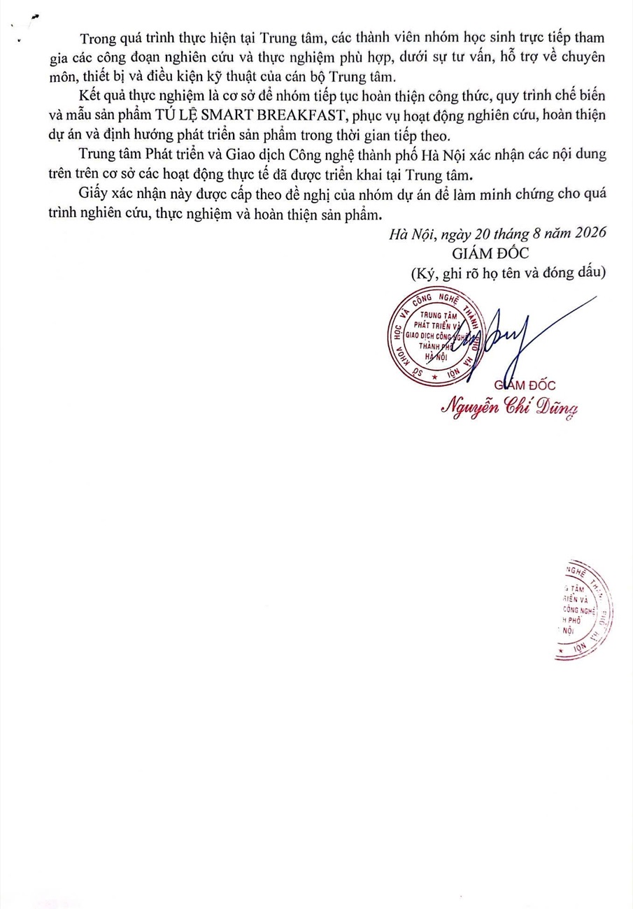 Giấy xác nhận trang 2, kết luận kết quả thực nghiệm là cơ sở để nhóm tiếp tục hoàn thiện sản phẩm, ký ngày 20 tháng 8 năm 2026 bởi Giám đốc Trung tâm kèm dấu đỏ.